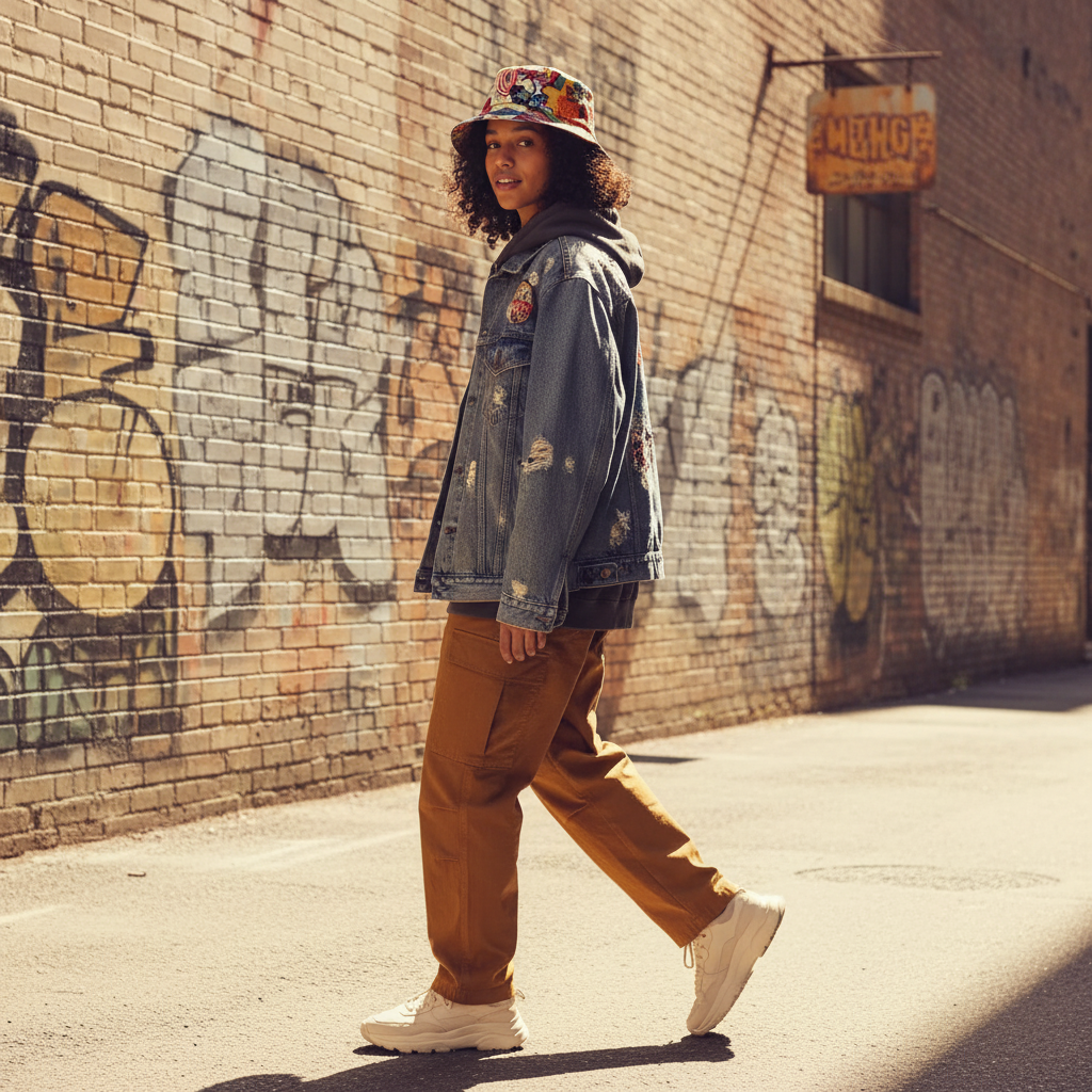 A person in their 20s wears a GRAFFIX street art essential, walking through an urban alleyway with graffiti on brick walls.