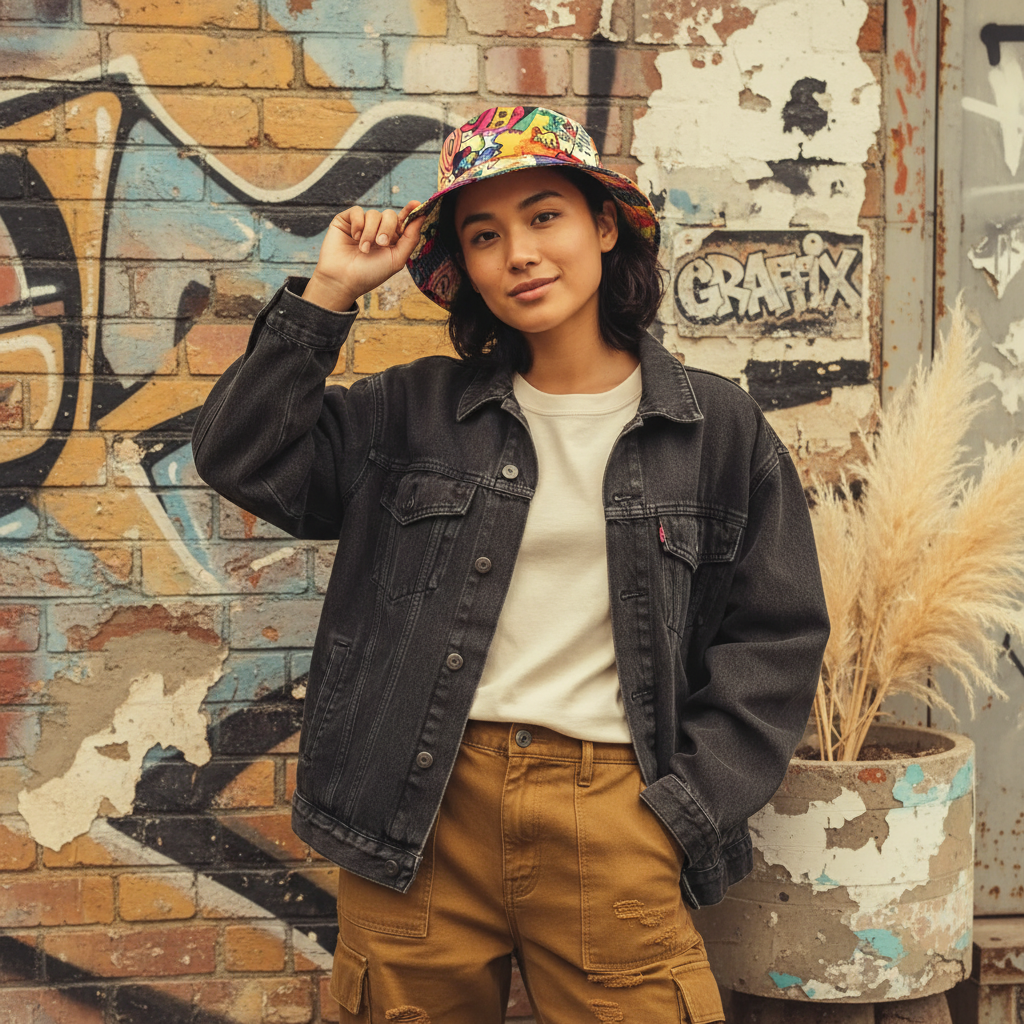 Young person wearing GRAFFIX, a street art-inspired essential, in a candid urban setting.