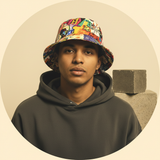 Circular portrait of Sangiev, shoulders up, against a warm cream background, wearing a bold GRAFFIX streetwear essential.
