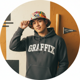 Circular portrait of Ken Iijima, a young man, wearing a GRAFFIX streetwear essential, with a clean, warm cream and deep ochre