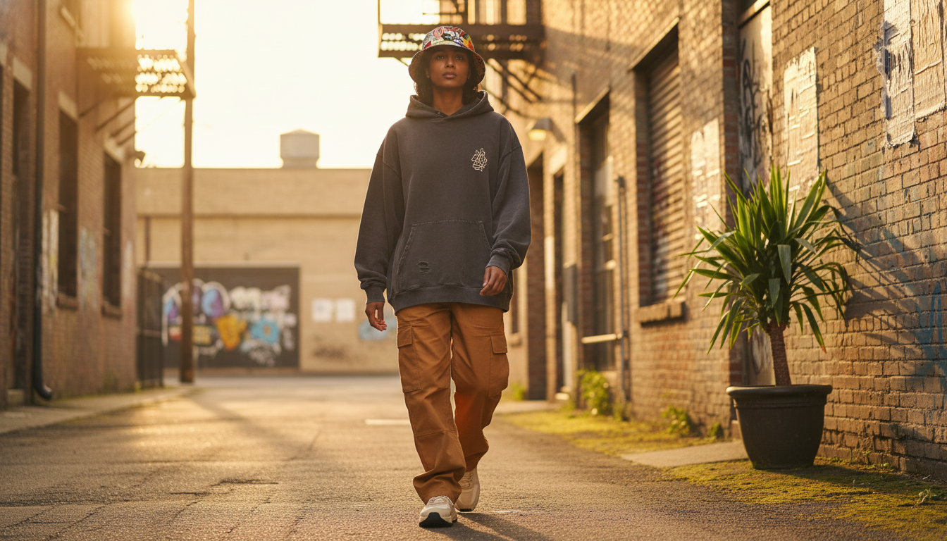 Model wearing GRAFFIX streetwear walks through a sun-drenched urban alleyway with warm earth tones.