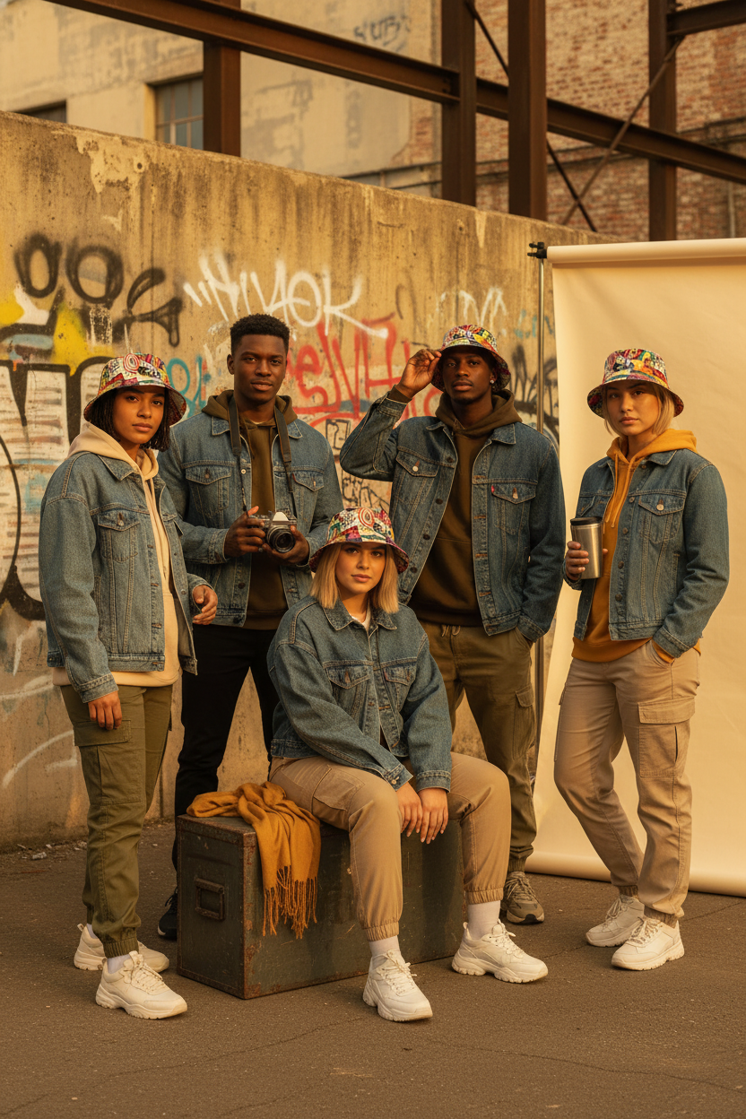 Diverse group of people wearing GRAFFIX caps in a stylish urban setting, showcasing the caps' bold, creative designs.