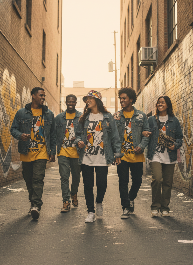 Diverse young adults wearing GRAFFIX apparel, confidently walking through a sunlit urban alley with subtle graffiti, showcasi