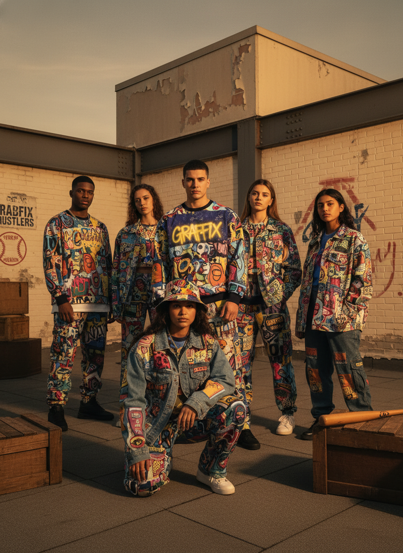 Diverse young adults wearing GRAFFIX streetwear with bold urban art designs in a modern city setting, exuding confidence.
