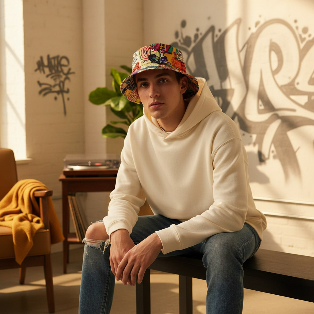 Person wearing GRAFFIX, a relaxed everyday essential featuring bold street art, in a candid urban setting.