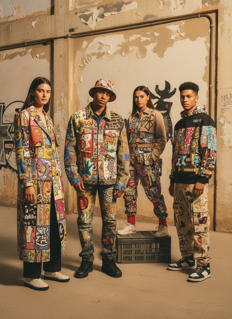 Diverse young adults wearing GRAFFIX street art clothing, posing confidently against a textured urban background with warm li
