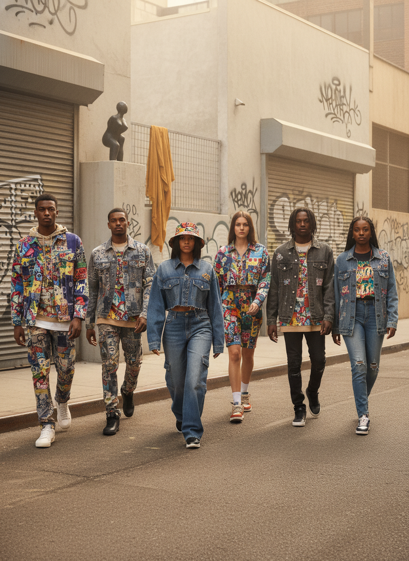 Diverse models wearing GRAFFIX street art apparel in an urban setting, with warm lighting and subtle graffiti, showcasing the