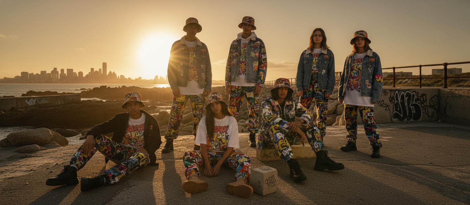 Diverse young adults in GRAFFIX street art apparel explore a rugged urban coastal landscape at sunset, with bold designs and 