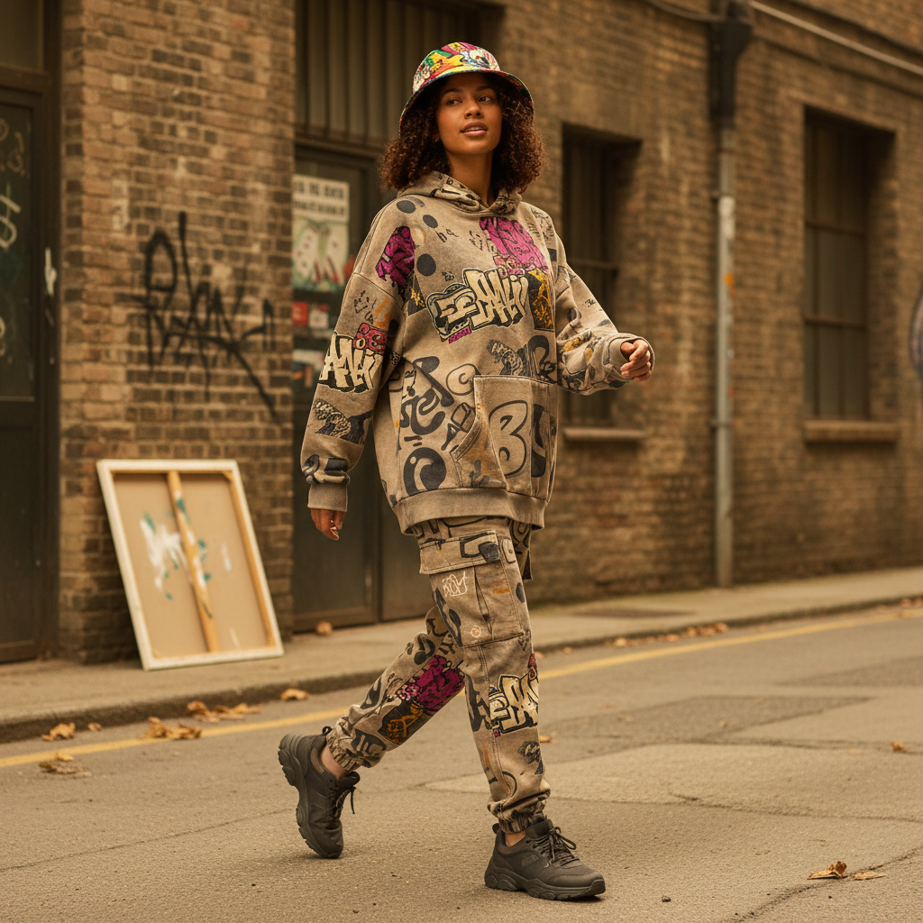 A diverse model wears 'GRAFFIX' streetwear in a candid, square-framed editorial photo, set in an urban environment with warm 