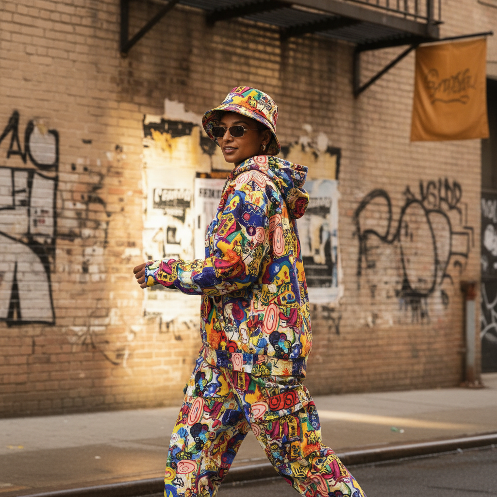A person wearing a GRAFFIX garment with urban art design, walking on a city street.