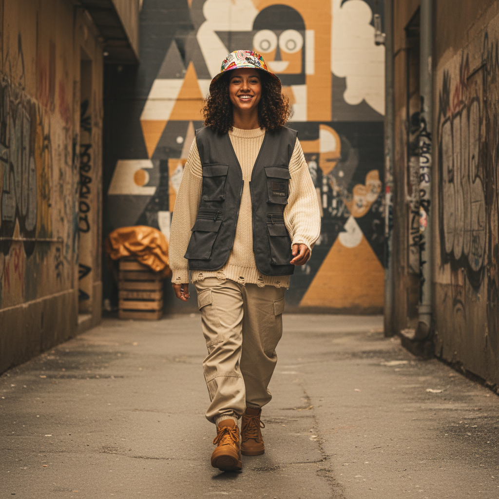 Person wearing GRAFFIX street art essential, standing on an urban street, captured in a square editorial photograph.